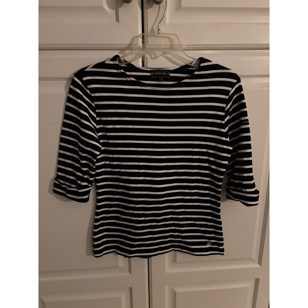 Armor Lux Striped Nautical Breton Top Navy White 3/4 Sleeve Cotton Size 1Medium